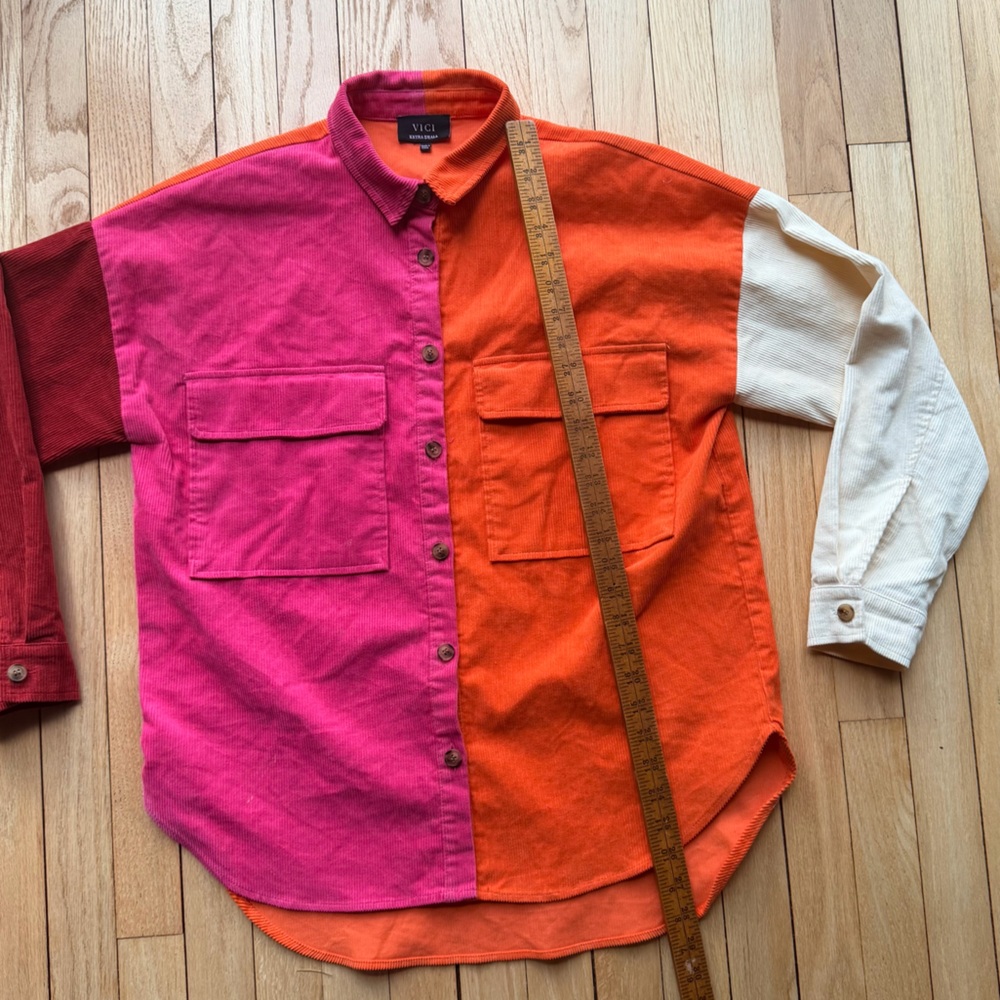 Vici Vibrant Pink, Orange, and Cream corduroy Button Down Shirt - Picture 4 of 5